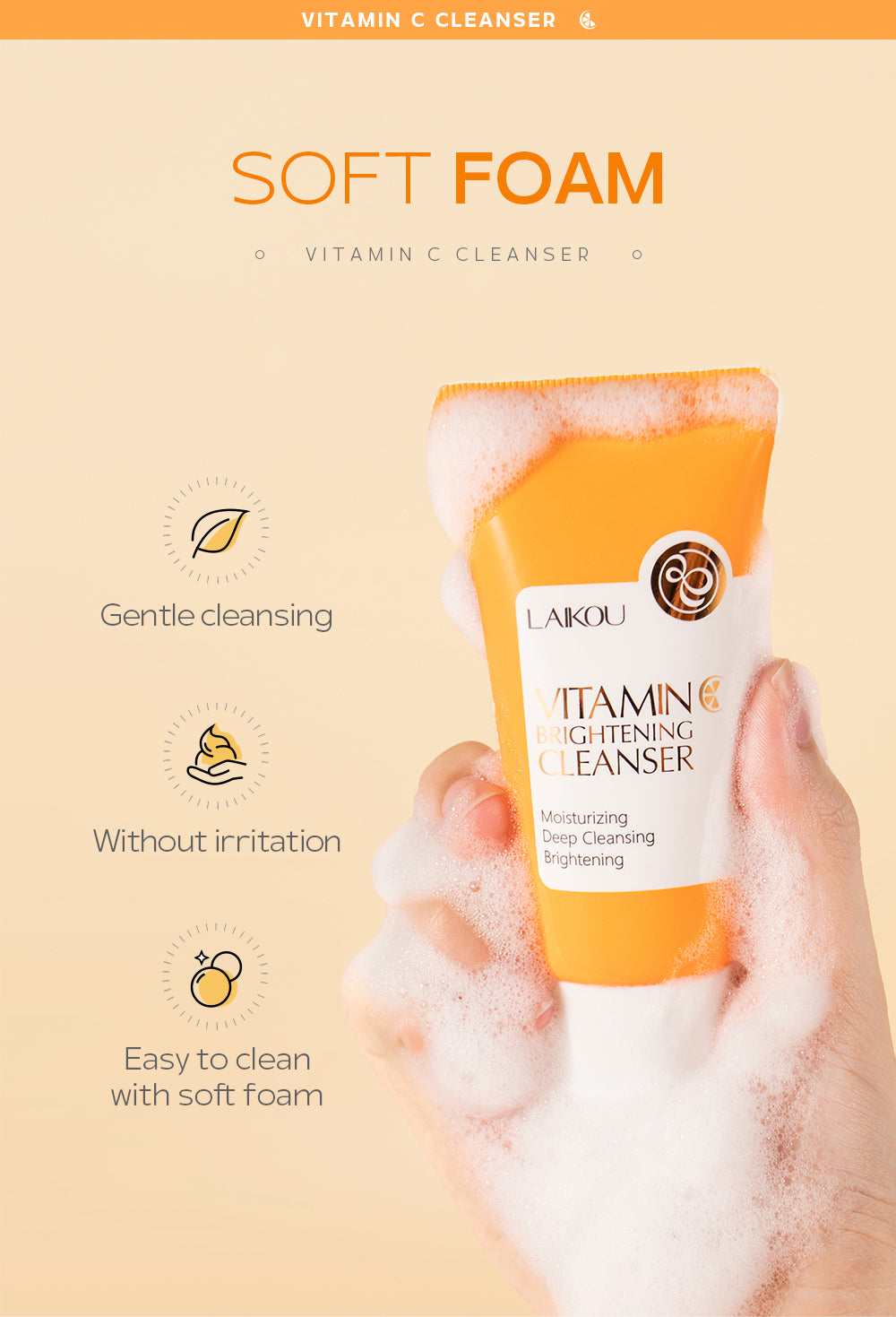 Cross-border LAIKOU Vitamin C Facial Cleanser 40g (color box) Facial Cleansing Care Cleanser