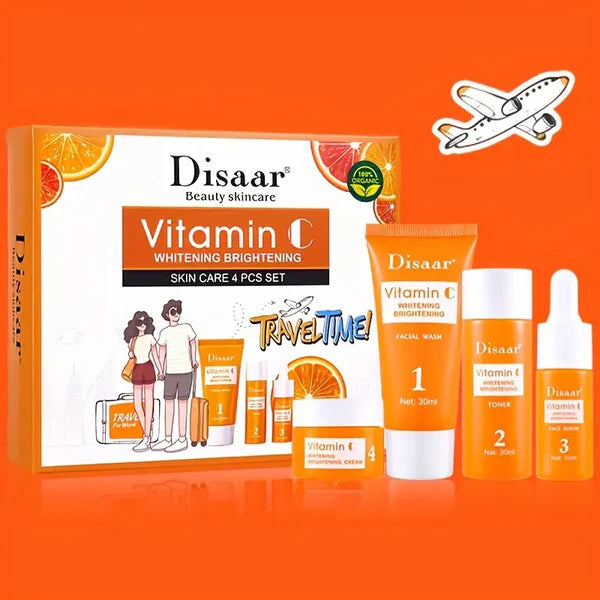 4pcs Vitamin C Skin Care Set Rejuvenating Facial Skin Care Set, Face Wash, Toner, Cream And Serum Combo Set
